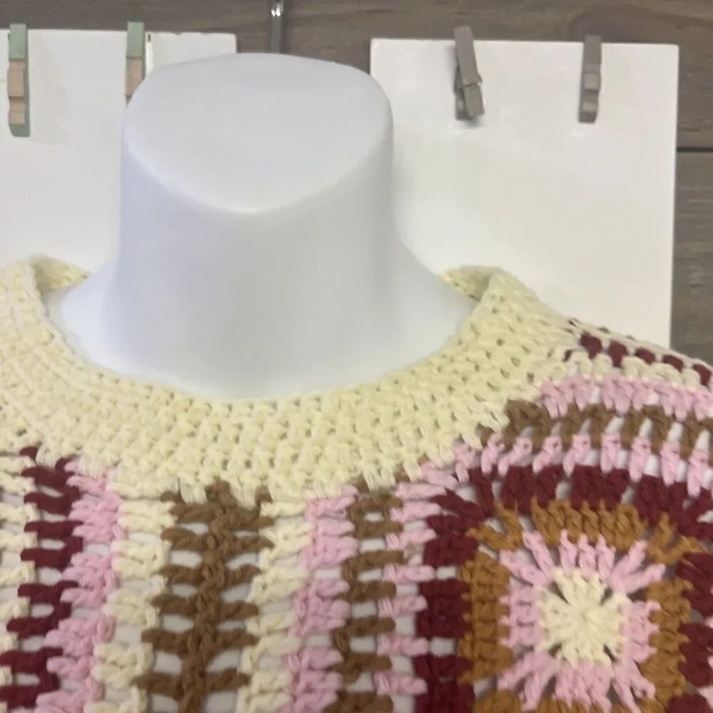 MINKPINK Norah Crochet Pattern Knit Sweater Cropped Crew Neck Large Cotton Blend - Picture 7 of 12